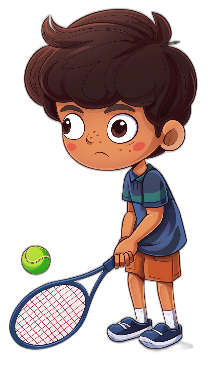 chibi style cartoon of an indian boy playing tennis, holding racket with right hand and hitting the ball on black background, wearing blue shirt , brown short hair