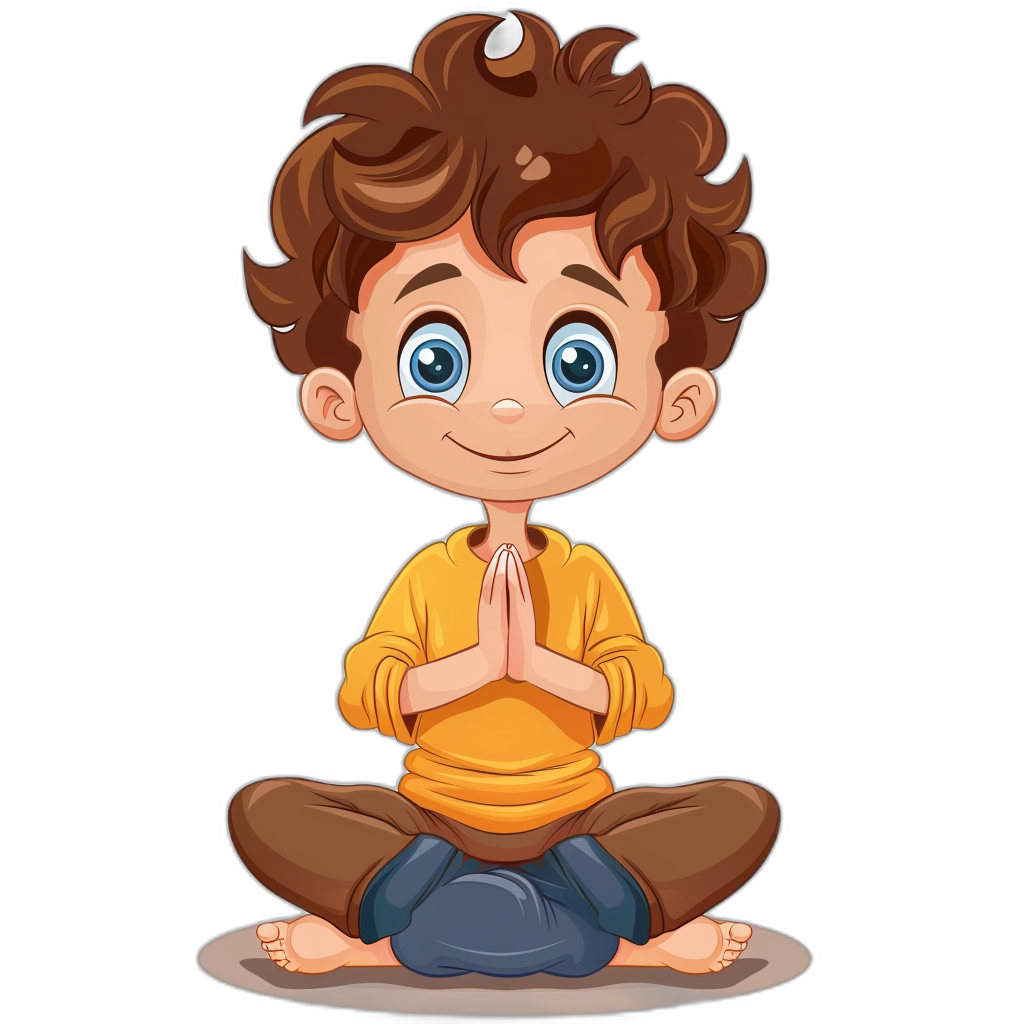 A cute cartoon boy doing yoga, sitting cross-legged with his hands clasped together and eyes closed in prayer on the ground. Simple lines on a black background, with colorful , big blue watery eyes, brown hair, and a curly short head. A flat illustration style with simple strokes using vector graphics in high definition and high resolution quality. In the style of flat illustration.