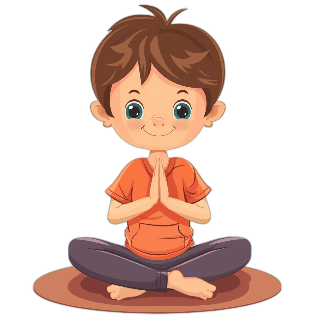 A cute cartoon avatar of an adorable little boy with brown hair, wearing yoga pants and sitting in the lotus position on his knees with hands clasped together, smiling at you. Black background, in the style of a vector illustration.