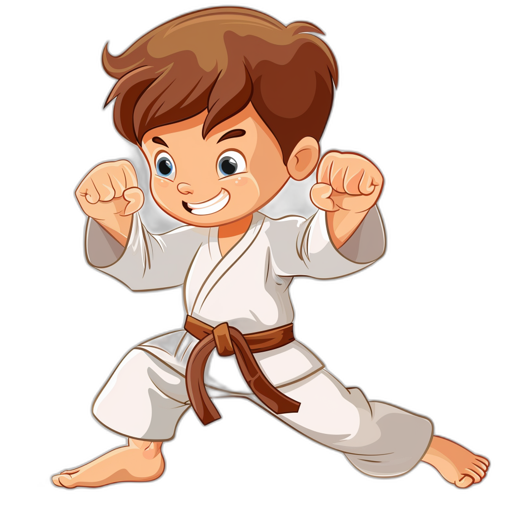 cartoon brown haired boy in a white karate gi doing a fighting pose on a black background, clip art for stickers in the style of stickers, transparent background