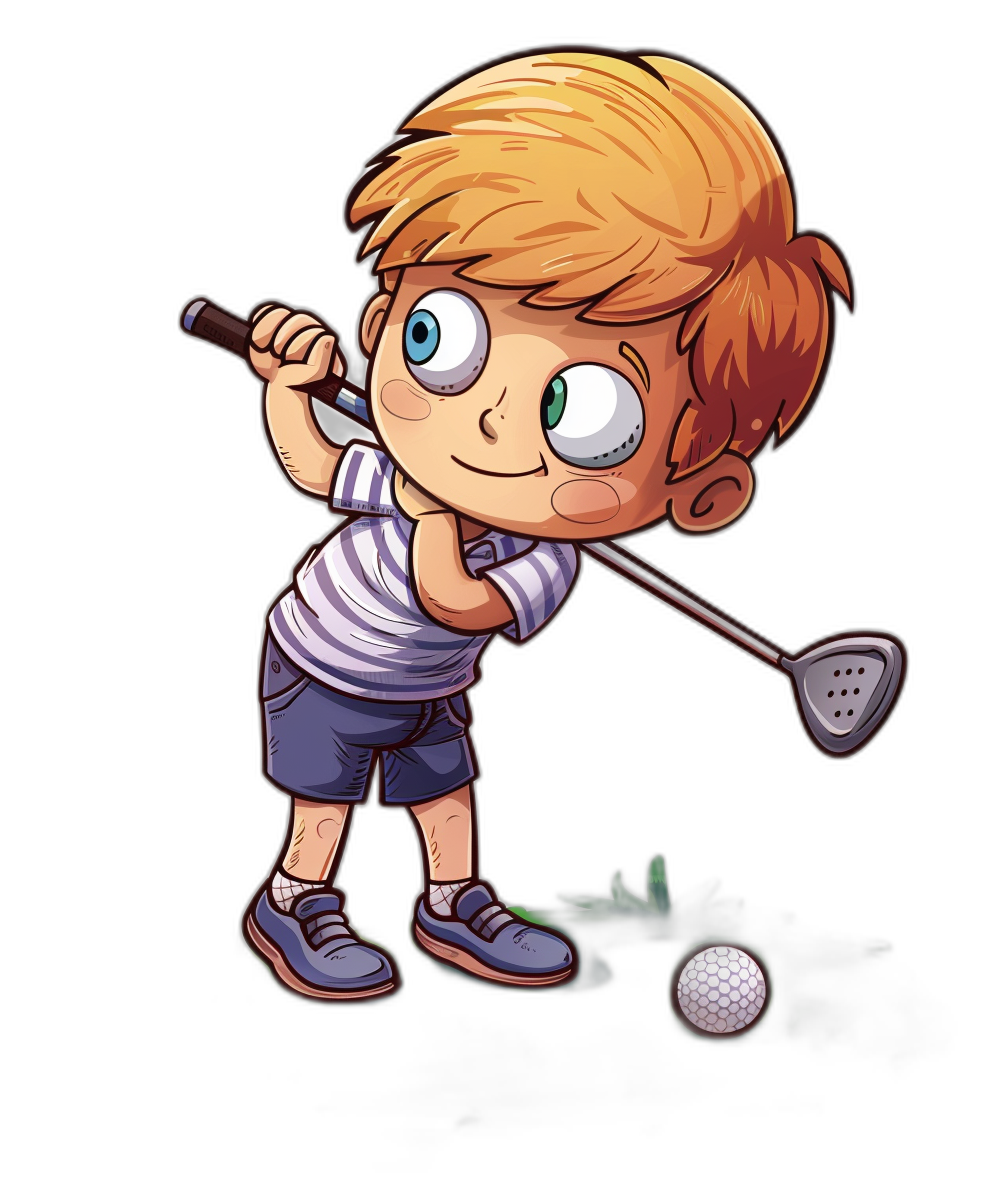 A cute cartoon of a young boy playing golf in full body in the style of clip art style, isolated on a black background with margins.