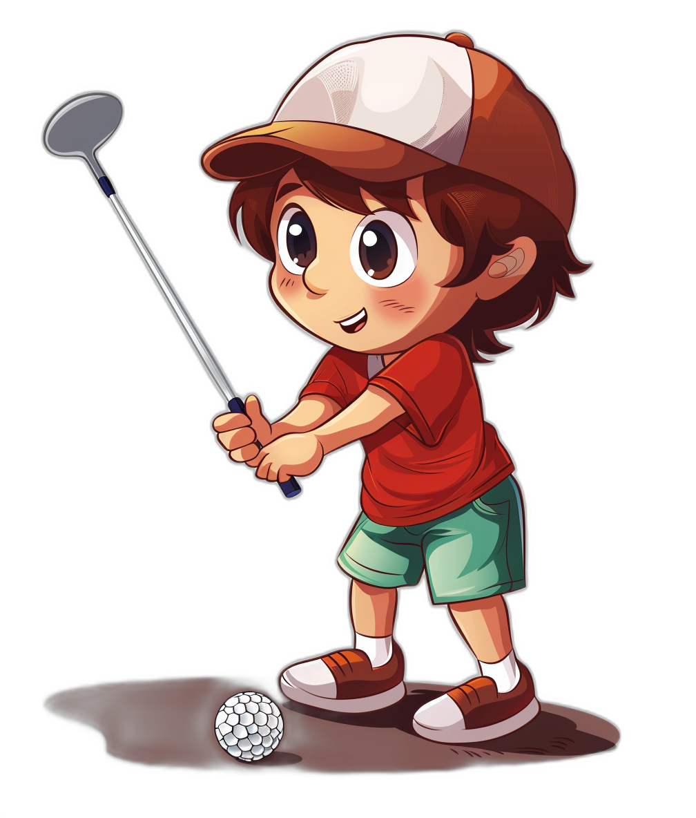 A cartoon boy playing golf in a simple, flat illustration style against a black background. A full body portrait shows him wearing red short sleeves and green shorts with brown hair, holding a golf club ready to hit the ball. He is wearing a white baseball cap on his head and has a cute expression. The eyes of young children should be big and bright. A full body perspective.