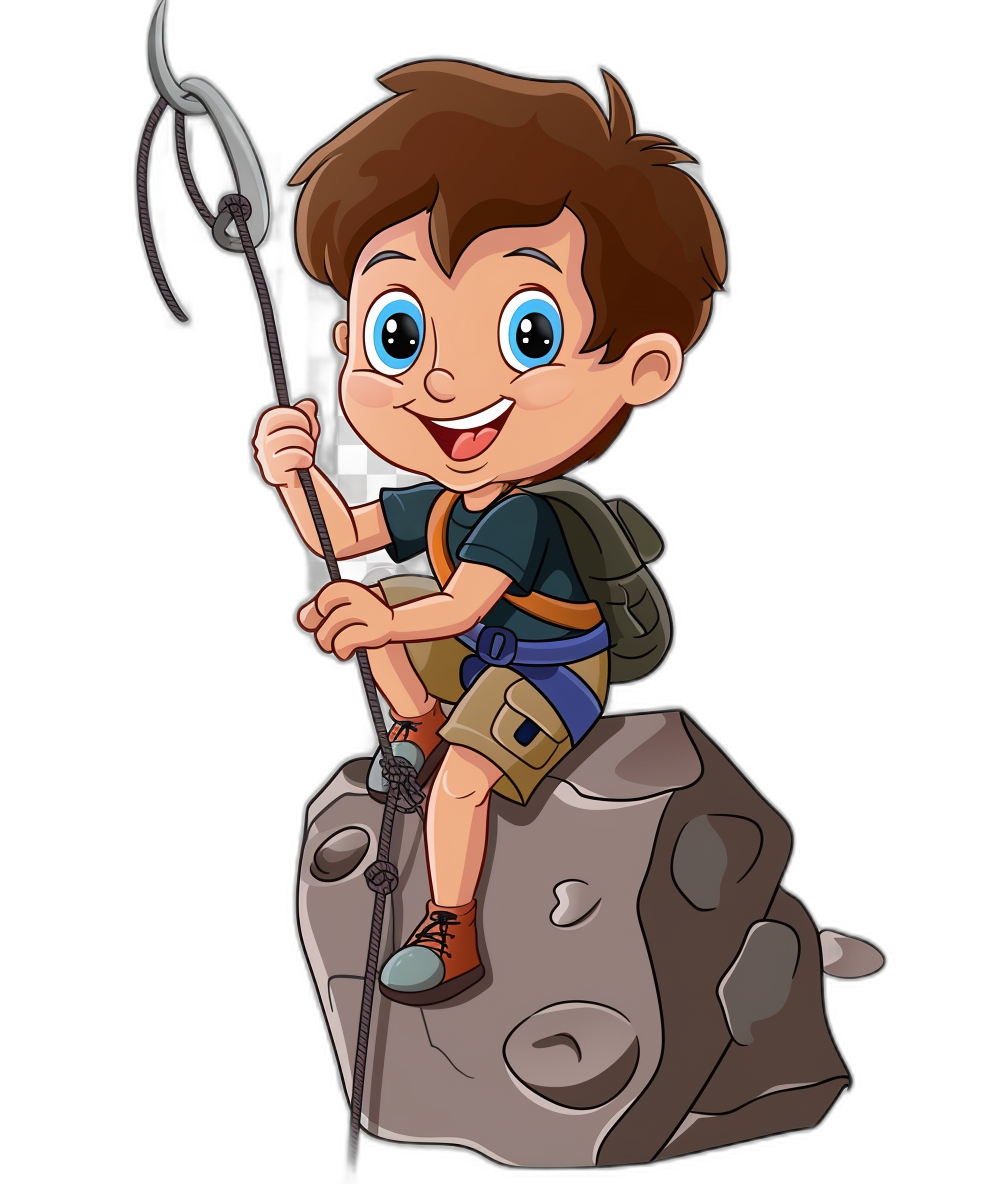 Cute cartoon vector style drawing of an adorable boy with brown hair and blue eyes, wearing shorts and hiking boots holding climbing equipment on his back while sitting atop the boulder he is about to climb up isolated black background