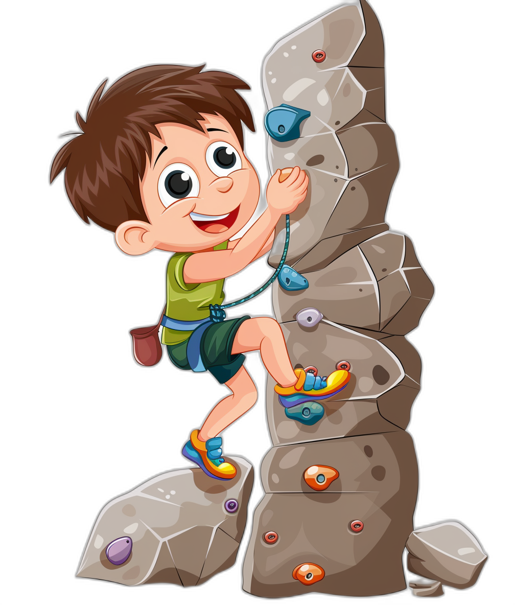 a cartoon boy climbing rock wall, clip art style, black background