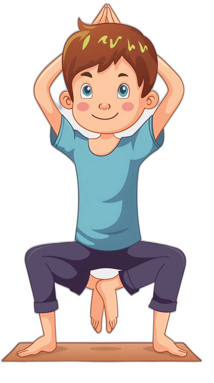 vector cartoon of a boy doing yoga, on a plain black background, with no outline, in a cute and adorable style.