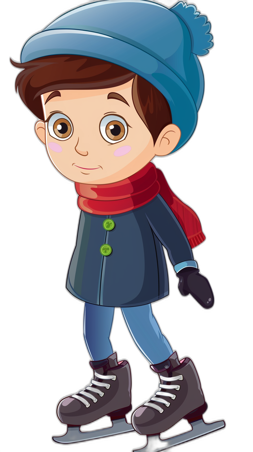 A cute cartoon boy ice skating in the style of clip art, with a flat illustration and simple lines on a black background. He is wearing a blue coat and red scarf, with a hat that has buttons and medium brown hair. Winter skates are on his feet, with simple facial expressions and hands. There are no shadows below his body.