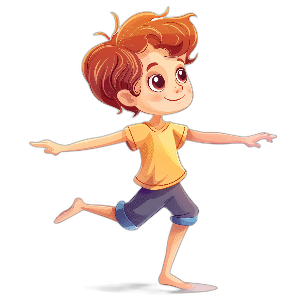 A cute cartoon boy with red hair is dancing, wearing shorts and a yellow t-shirt, with a smiling face. The illustration is in a simple, flat style on a black background, showing his full body portrait with high definition details and top quality.