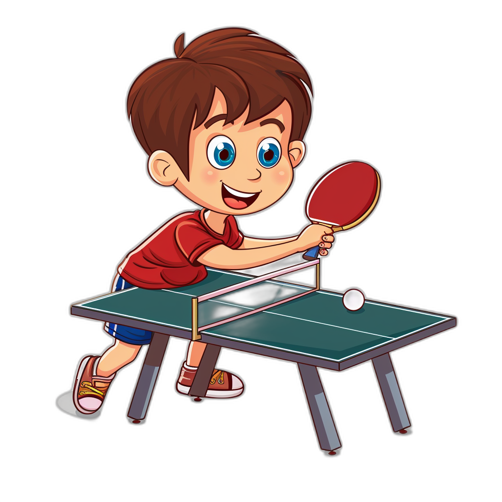 cartoon style kid playing table tennis in the style of clip art on black background