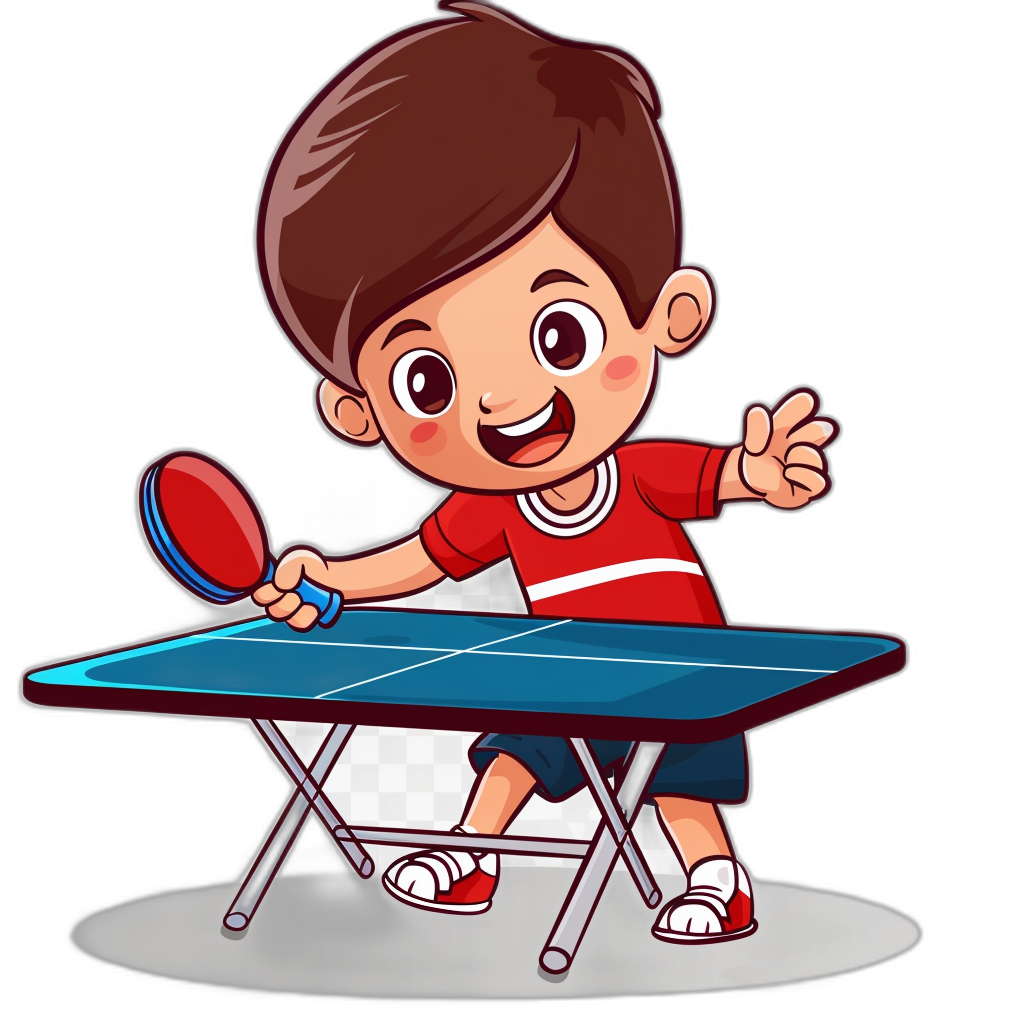 Cartoon style children’s illustration of a boy playing table tennis in the style of a cartoon character. He is wearing a red and white striped shirt and holding a racket in his hand with a smiling expression. The scene takes place at a blue dining room table with simple line art and bright, professionally color matched colors. High resolution vector graphic on a black background.