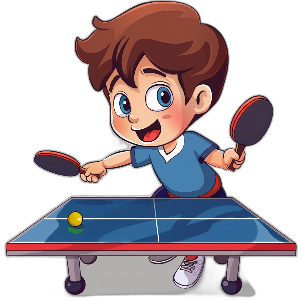 a cartoon style kid playing table tennis, vector art, simple design, black background, flat color, solid colors, 2d, 480×573 resolution