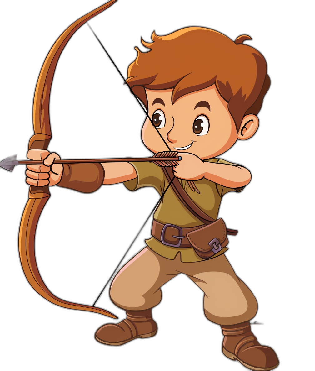 Cute cartoon style vector illustration of an archer boy with brown hair, wearing green shirt and tan pants shooting his bow on black background