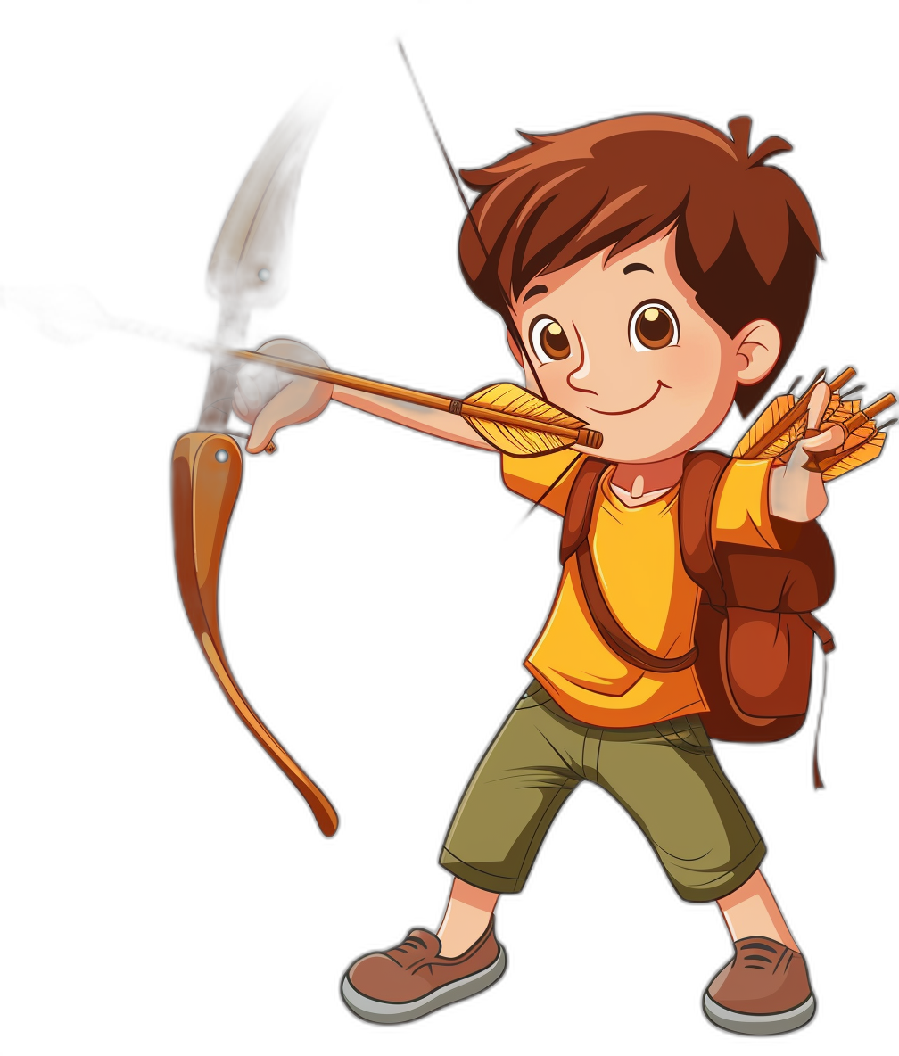 A cartoon character boy with brown hair and a yellow t-shirt, wearing a backpack, aiming a bow and arrow in the air against a black background in the style of clip art. Cute.