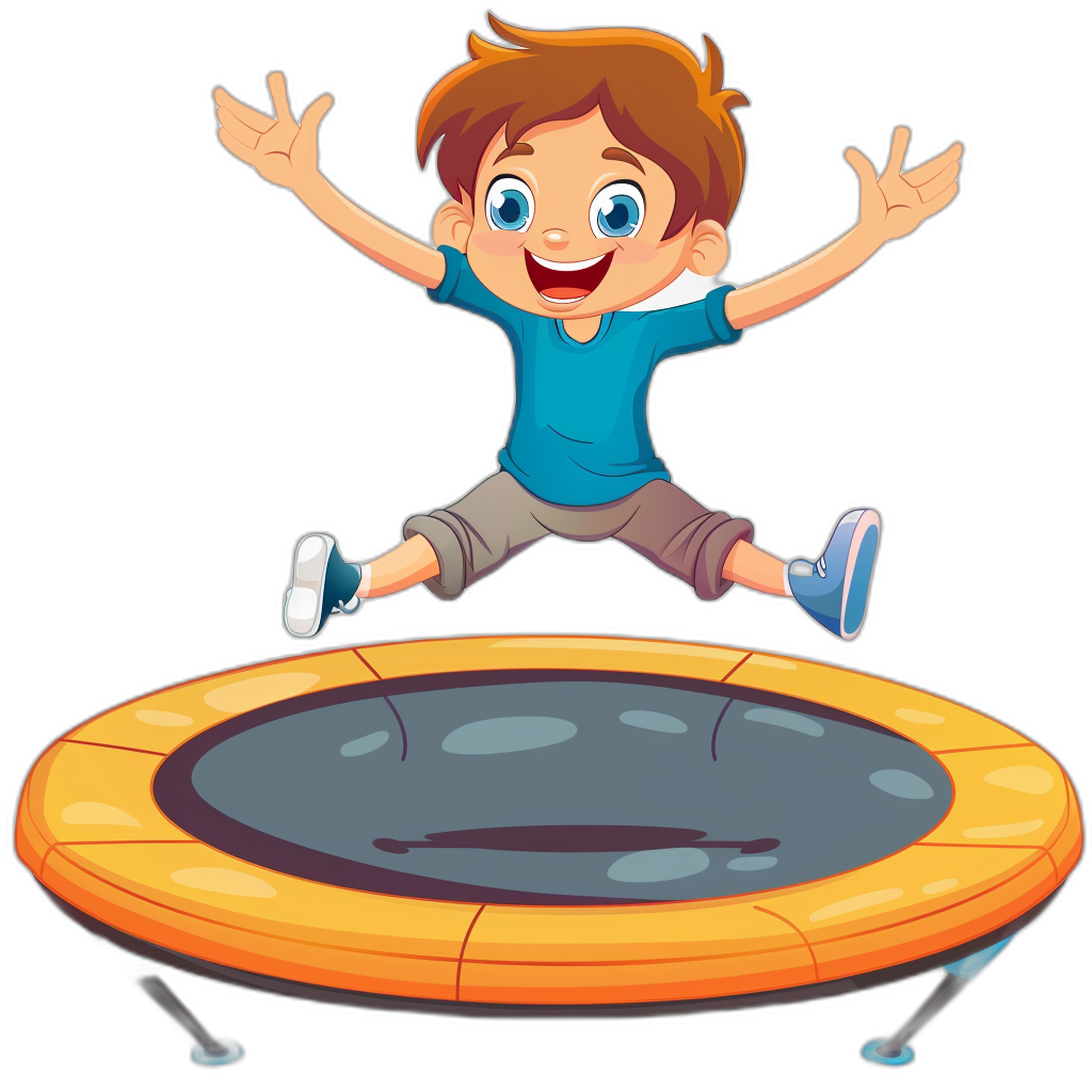 cartoon clip art, A boy is jumping on the trampoline with a black background in the style of a cartoon. This high resolution vector shows a cute and happy kid with brown hair jumping into a round yellow mini trampoline with a soft dark orange color. The trampoline has a dark gray plastic rounded square shape.