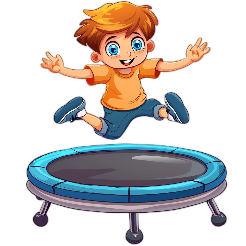 A cartoon boy jumping on a trampoline, in a vector illustration style with a black background. He has blue eyes and is wearing an orange t-shirt, dark jeans, white socks, smiling, flying in midair. The trampolines have round shapes, a matte surface material, and light colors. It’s designed for children to play around it. This design creates cheerful, fun graphics suitable for various applications such as games or educational tools, in the style of cartoon illustrations.