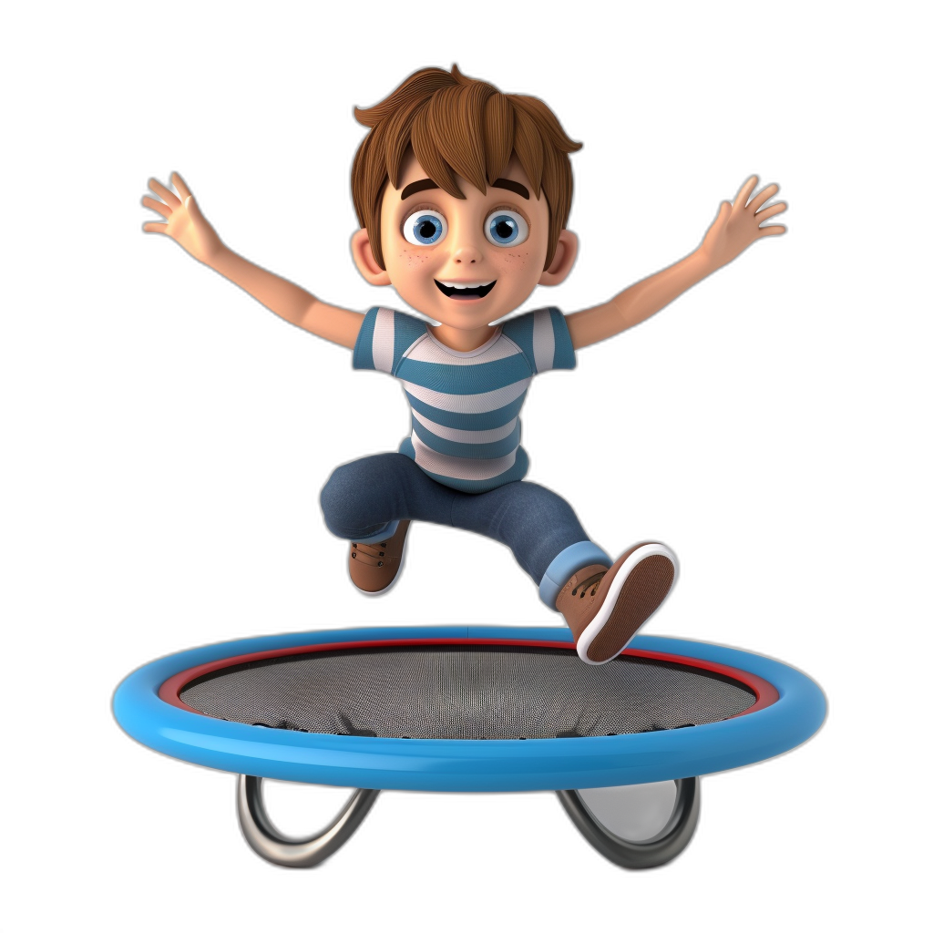 3D cartoon, happy boy jumping on a trampoline, in the style of Pixar, adorable eyes, lovely, matte finishing, soft edges, black background, no shadows in the background