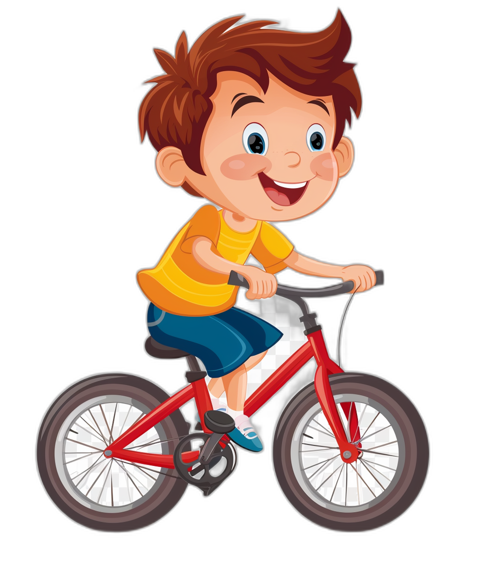 A boy riding a bicycle cartoon vector illustration on a black background. A cute and adorable boy with brown hair and blue eyes, wearing a yellow t-shirt and white shorts with an orange shirt, is smiling while sitting on a red bike in the style of a cartoon vector illustration on a black background.