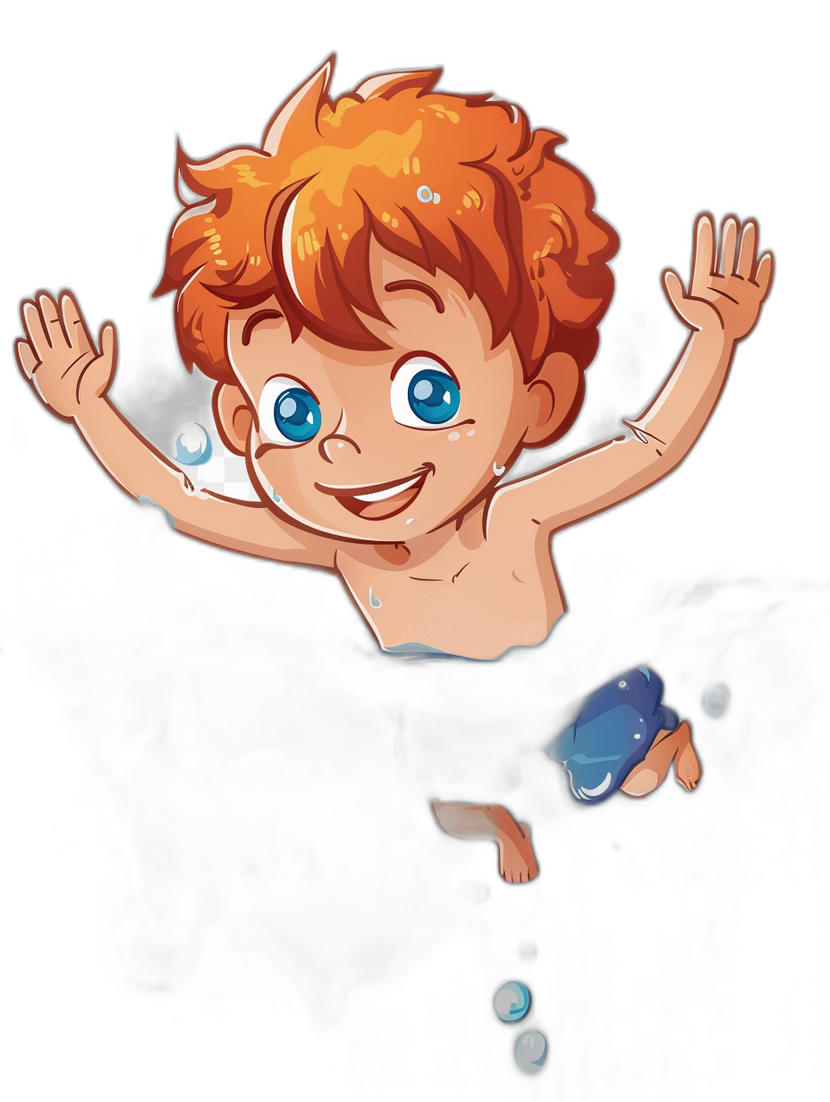 A cute happy baby with red hair and blue eyes, swimming in black water. Cartoon style by Pixar. The background is completely dark. He has short curly hair and big beautiful bright blue sparkling eyes. His skin tone is slightly tanned. There should be bubbles around him as he swims. Black Background.