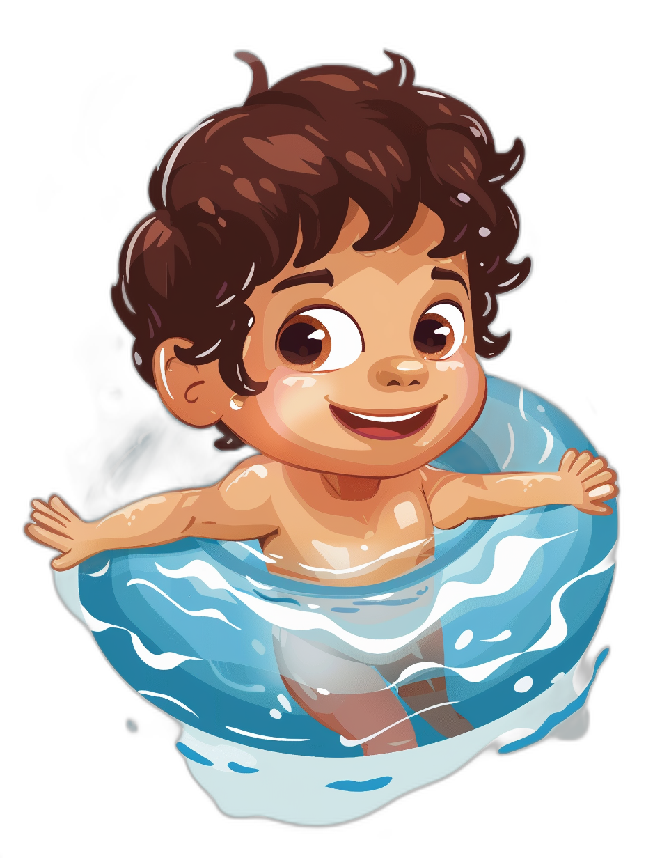 A cute baby boy with brown hair and big, sparkling eyes is floating in the water on an inflatable ring in the style of a cartoon vector illustration with a black background. He has a happy expression, white skin tone, dark blue outfit, curly short hairstyle, round face shape, and large open mouth. The colors of his match that of swimming suits for kids, creating a cheerful atmosphere as he floats playfully through clear waters. in the minimalist style, coloring page