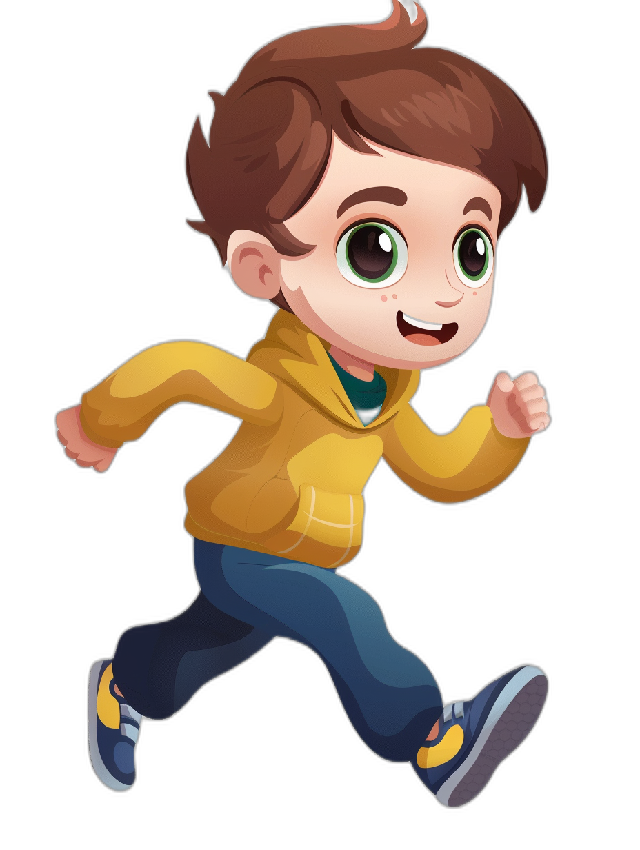 chibi style, cartoon character of boy with brown hair and green eyes running on black background wearing yellow hoodie blue pants white shoes