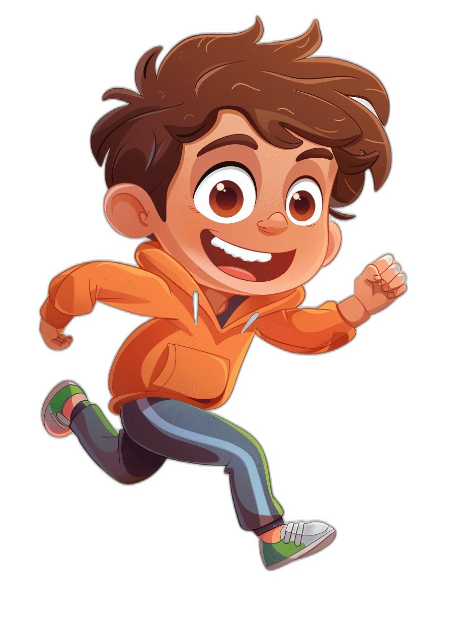 A cute cartoon boy is running with brown hair and big eyes. He wears an orange hoodie and blue pants against a black background. The flat illustration style uses colorful colors in high resolution without shadows on the character’s body. He is smiling happily as he runs. The front view of his face should be clear.