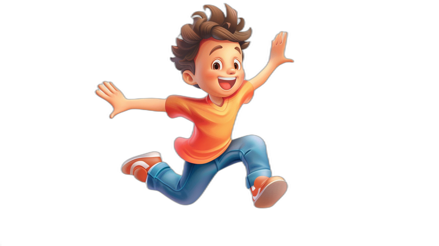 A cartoon boy jumping, happy expression, black background, Pixar style, Disney animation, Disney style