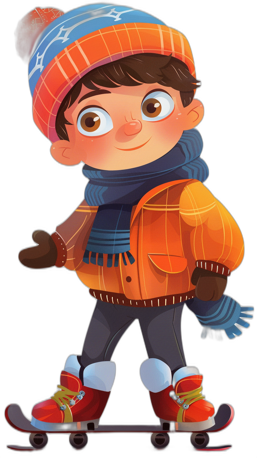 A cute boy wearing an orange jacket, blue scarf and hat is skating on a skateboard in the style of Pixar in a cartoon illustration with a black background. The character has brown hair and big eyes, wearing red shoes. He wears gloves to keep warm. It’s cold outside so he can wear his coat over that outfit. A vibrant cartoon design full of color.