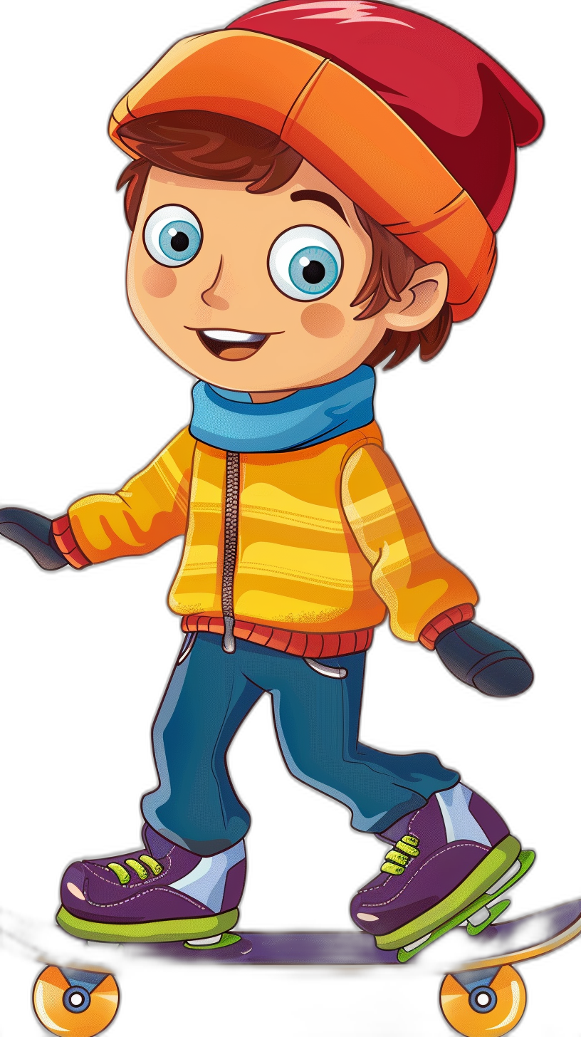 A cartoon boy is skateboarding with bright colors and a black background in a cute style. He is wearing an orange hat, a blue scarf around his neck, a yellow jacket, dark green pants, and purple shoes on his feet. His hand is holding a skateboard while his big eyes look at the camera with a smile. The image has a high definition resolution.