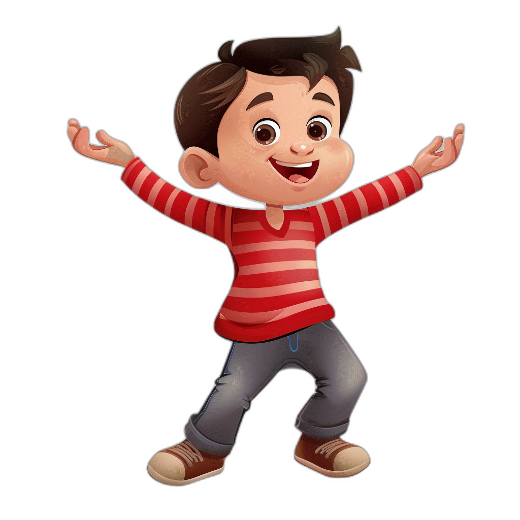 A happy boy with brown hair, wearing jeans and a red striped shirt, is dancing on a black background in the style of Pixar’s cartoon character design.