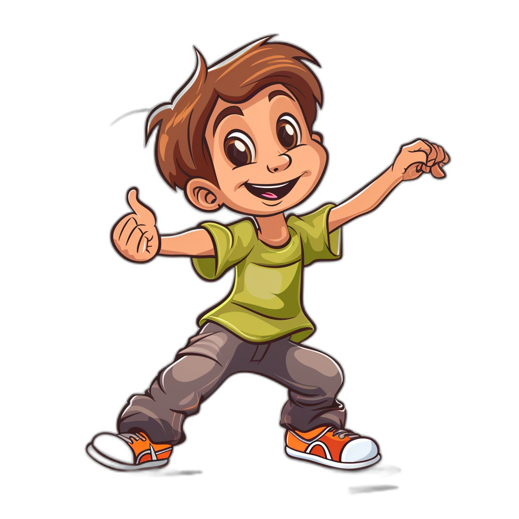 A cartoon boy with brown hair, wearing a green t-shirt and grey jeans is dancing in front of a black background. He has orange shoes on his feet. The illustration style should be similar to the style of Pixar characters. Cartoon character design vector for print or sticker. Isolated vector logo symbol on a white background.