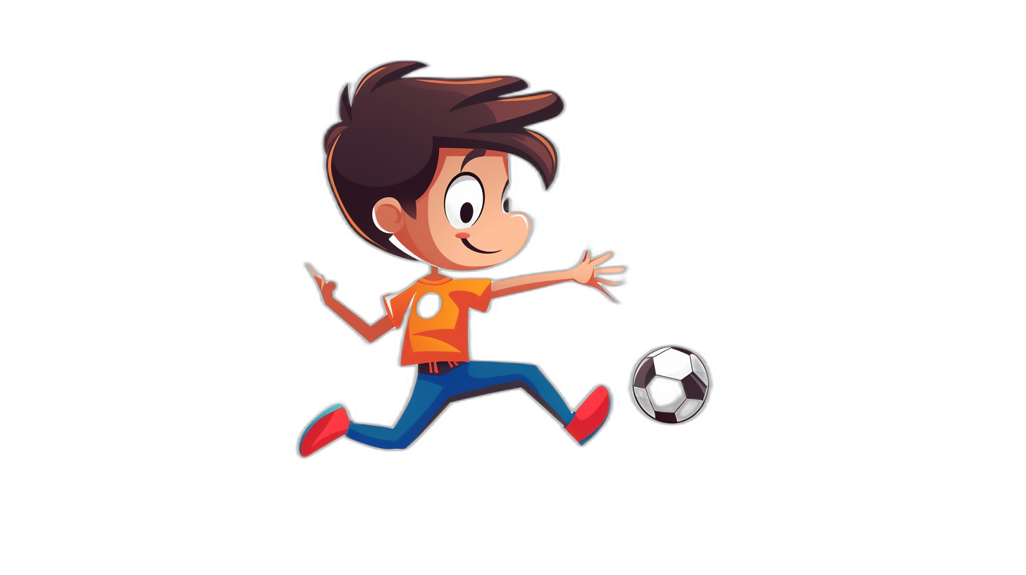 A cartoon character of a boy playing football, with a simple design, as a flat vector illustration with a black background, cute and adorable, with a playful animation style, at a high resolution, suitable for tshirt printing. The young man is running after the ball in his hands, wearing an orange shirt and blue pants. He has short brown hair and wears red shoes. With a black isolated background, in the style of a cartoon.