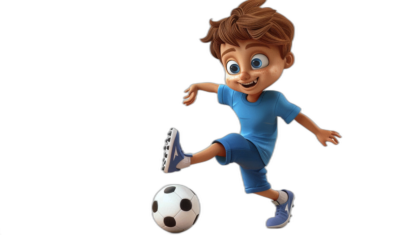 A cute little boy in a blue t-shirt and shorts kicking a soccer ball, in the style of Pixar, as a cartoon character, 3D rendered, on a black background with a white outline and white color on his shoes, with brown hair with some blond highlights, and a happy facial expression.