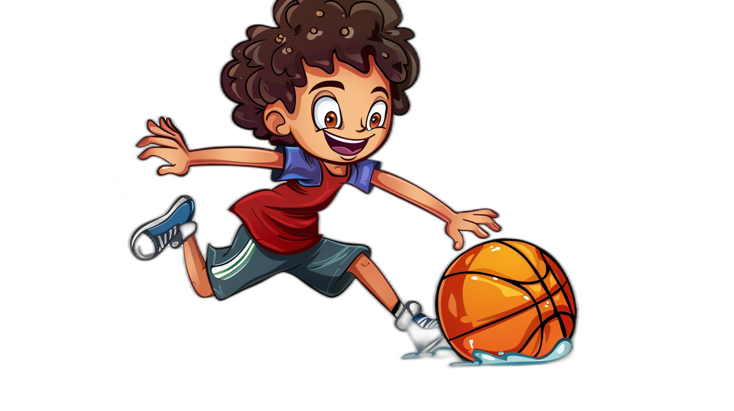 A cute cartoon boy playing basketball on a simple black background in a vector illustration style with a flat design. He is colorfully dressed with short curly hair, running and smiling happily while dribbling the ball on one foot. It is a dynamic action shot with super fine details and high resolution rendered in 3D in the style of a 2D game art with high definition.