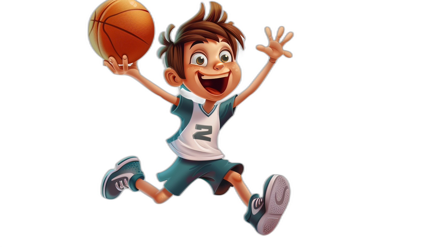 A cartoon boy in a basketball uniform, jumping and smiling while holding the ball with his right hand on a black background, in a high resolution, highly detailed style.