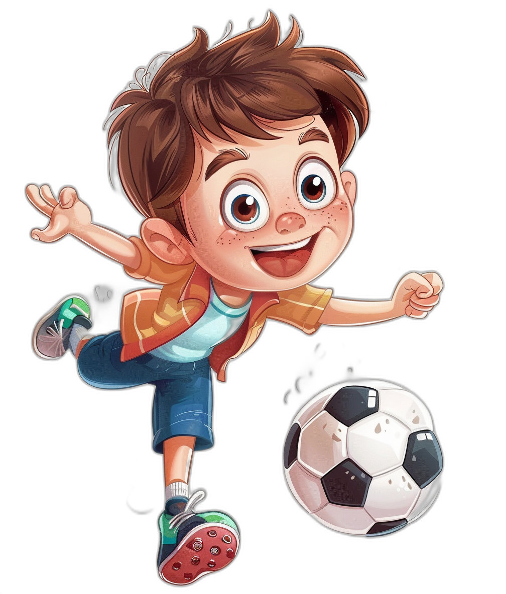 Cartoon illustrative style of a boy playing soccer, jumping with a ball in his hand on a black background. The character has brown hair and is wearing shorts, sneakers, an orange shirt, blue shoes, white socks, green eyes, a smiling face expression, a big head and a small body, with a cute cartoon design.