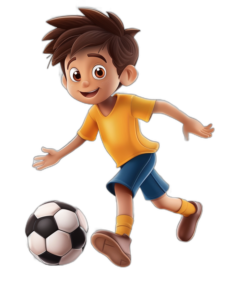 A boy playing football in the style of Disney Pixar, with a cartoon style character design for children’s book illustration. The simple black background features a character wearing a yellow t-shirt and blue shorts with brown shoes. The ball has white stripes on it, and the cute cartoon has highly detailed facial features. The entire body of his head should be visible in a cartoon style, with 3D rendering and bright colors in high resolution.