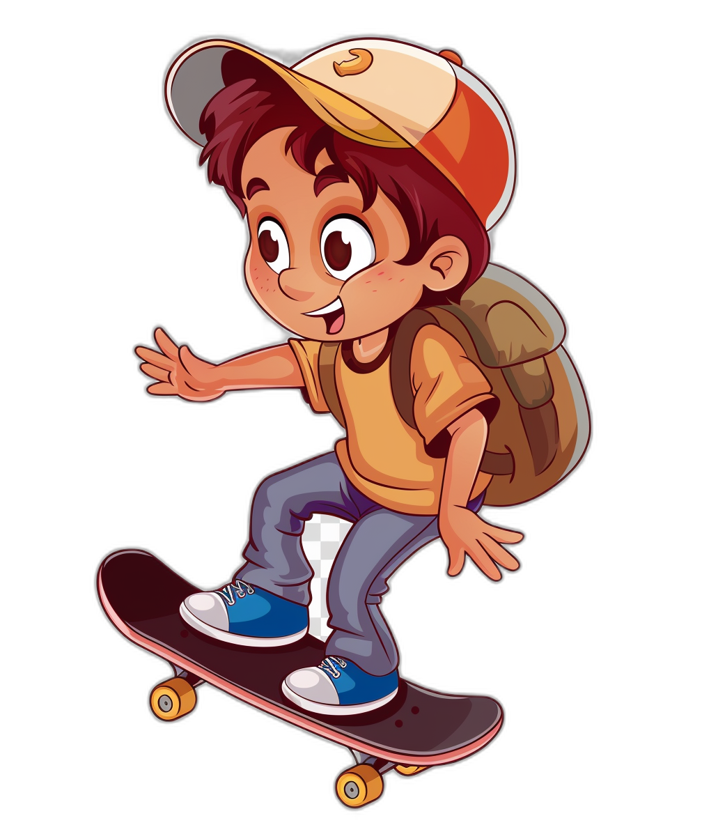 Cute cartoon vector style boy on a skateboard, with a cap and backpack, on an isolated black background, in the style of clipart.