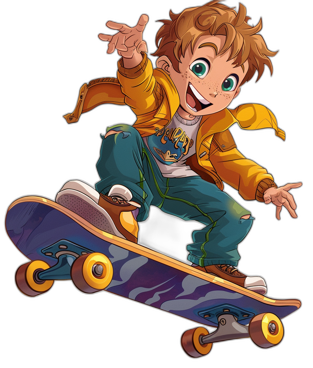 A young boy with brown hair and green eyes, wearing blue jeans and an amber jacket, riding on his skateboard in the air doing nice jumps. The cartoon style should be vibrant, colorful, and playful, suitable for children’s books or game graphics. The background should be black.