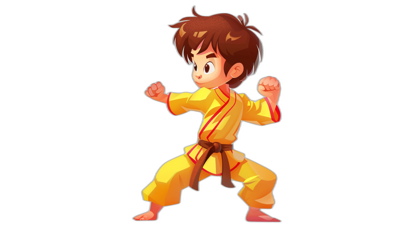 2D game art, cute chibi boy character doing karate in a yellow outfit with a red belt, simple design, black background, side view sprite asset. The character is depicted in the style of a chibi doing karate moves in the yellow outfit with a red belt against a black background in a side view sprite format.