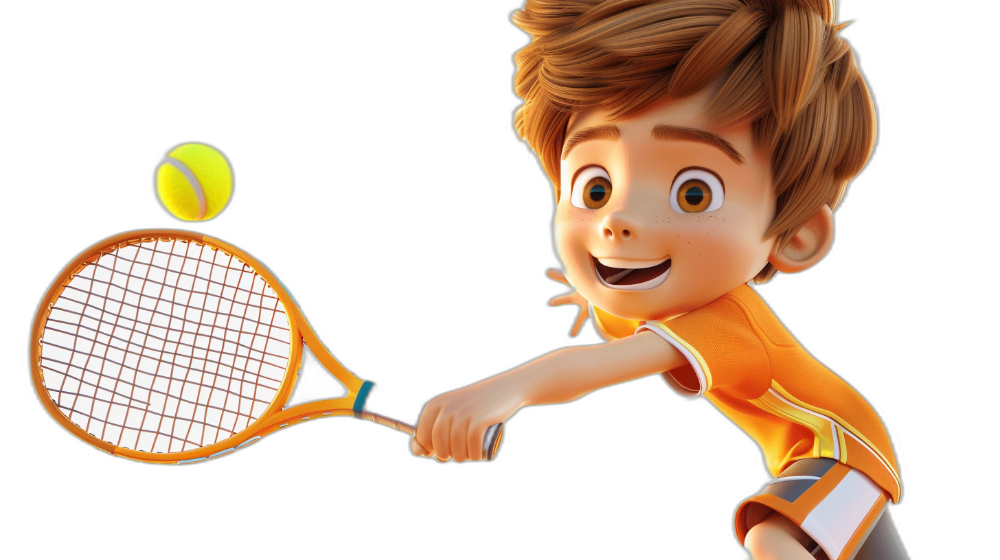 A young boy with brown hair playing tennis in the style of cartoon character design. An animated illustration of a character in the right side of the screen, wearing an orange and white tshirt, holding a racket and hitting a yellow ball against a black background in the Pixar style of 3D rendering with bright colors in a closeup shot.