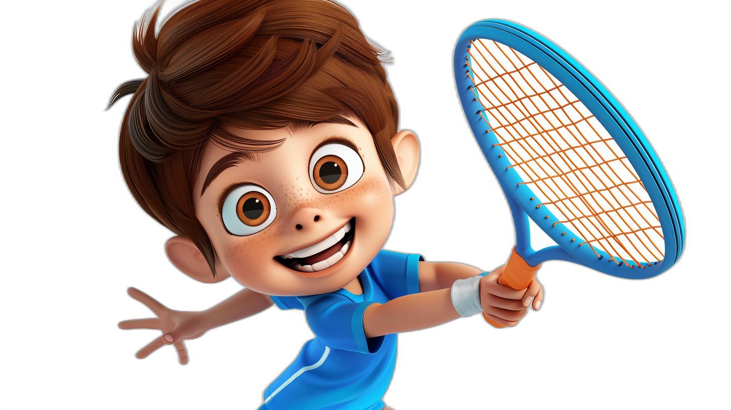 A boy with brown hair in a blue t-shirt playing tennis, smiling and holding a racket, in the style of Pixar cartoon character design, 3D render, black background, cute.