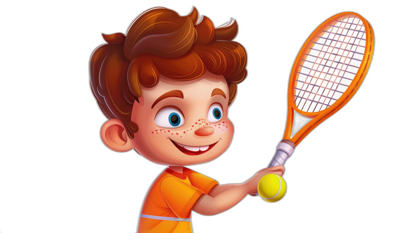 A cute little boy playing tennis, holding the racket in his hand and smiling happily. He has brown hair with blue eyes and is wearing an orange T-shirt. The background of the cartoon vector illustration should be pure black. HD, Disney style cartoon adopts the natural world, movie lighting, and color grading, that looks very fairy tale like in the style of illustration, 3D Pixar rendering on a solid white background, in