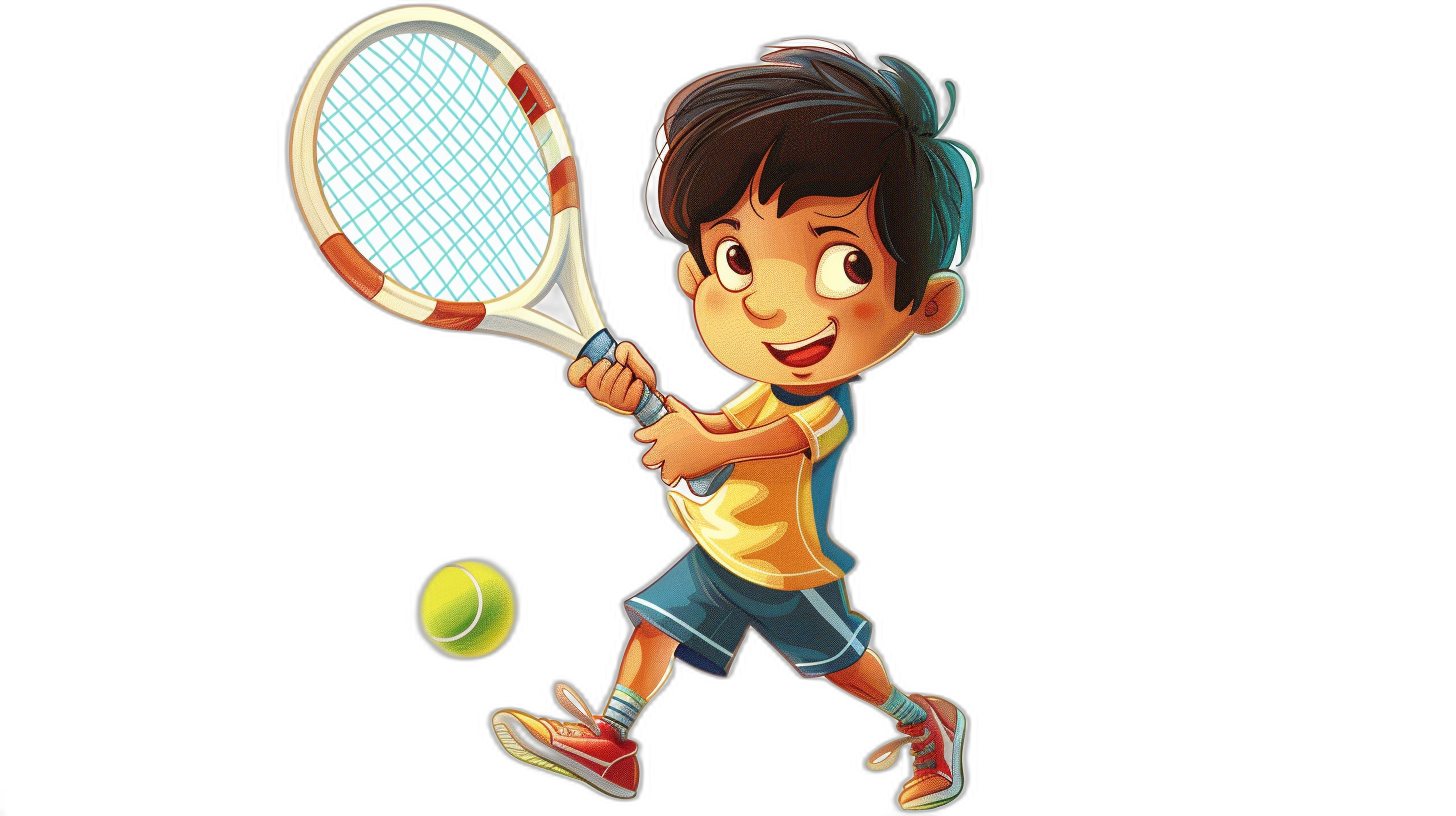 A cute little boy playing tennis in the style of vector illustration on a black background. The high resolution illustration is in a cartoon character design style with bright colors and a cute expression. It is a full body portrait showing the boy in a sports posture holding a racket and hitting a ball. The Asian boy has short hair and is wearing shorts and sneakers. The game is called “图片” and is drawn in a cartoon style.