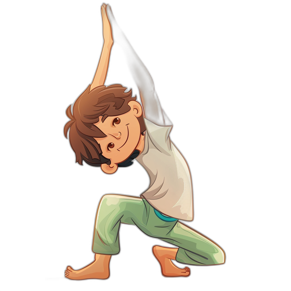 cartoon style yoga pose of a happy boy with brown hair and white tshirt doing warrior II yoga position in the style of green pants on a black background clipart