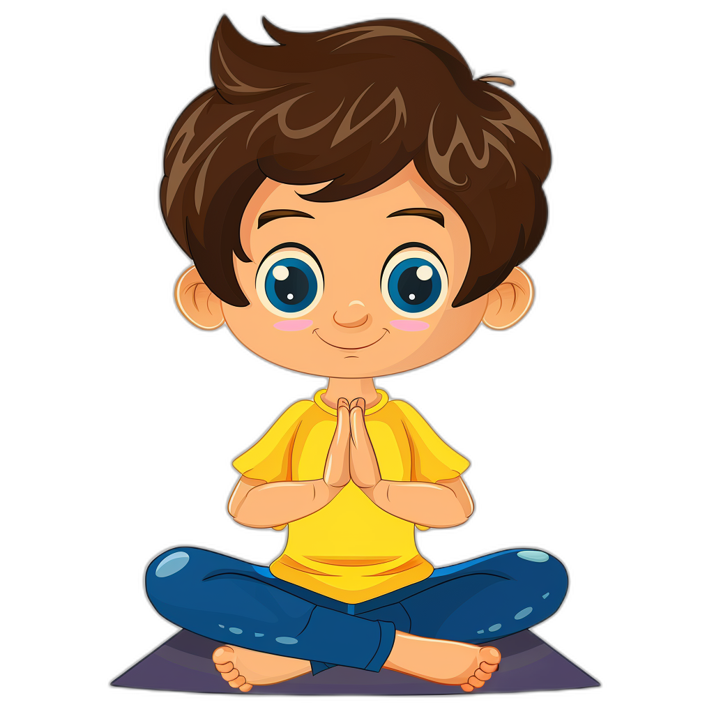 A cute cartoon boy doing yoga in a vector illustration with a black background and flat design. He is wearing a yellow t-shirt and blue pants with big eyes and a happy expression. His hands are clasped together in a prayer pose as he sits on the floor in a lotus position meditation posture for a full body portrait.