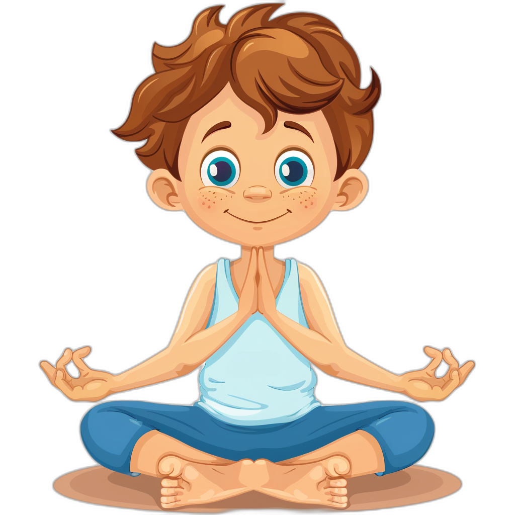 A cute cartoon boy doing yoga, vector illustration with a black background. The little man has brown hair and blue eyes wearing a white tank top and dark jeans sitting in a lotus position holding his hands together like praying. He is smiling at the camera. His face looks happy and peaceful. Vector Illustration on a Black Background.