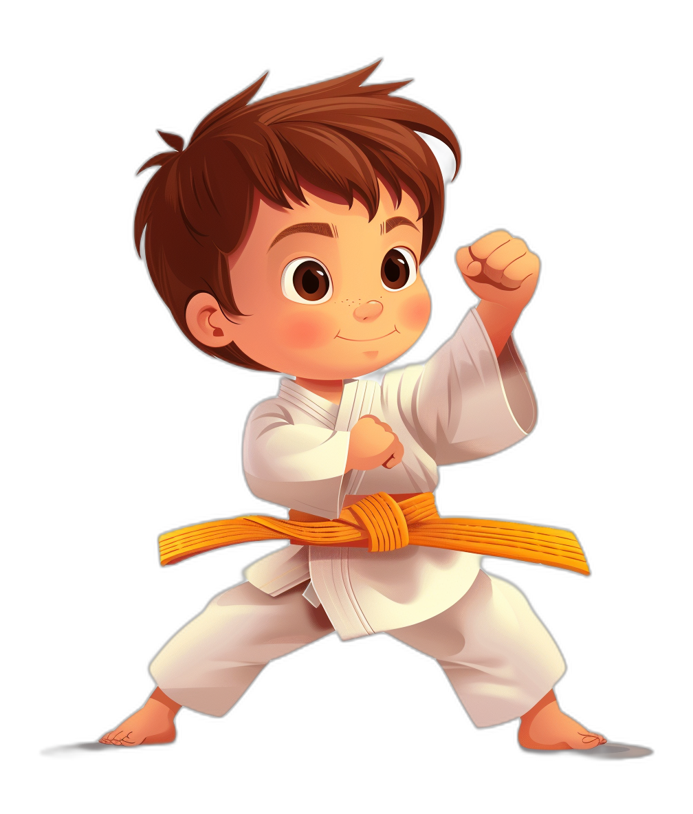 A cute little boy is practicing karate, wearing white and holding a yellow belt in his hands. He has brown hair with bangs on the front. The illustration style should be in the style of Pixar, with bright colors against a black background. The character’s pose must include him standing upright to show off his spirit. His eyes have expressive expressions that convey determination or joy as he fights for victory.