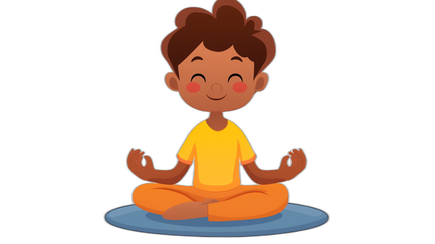 Cute cartoon vector style black boy sitting in a lotus position, smiling and meditating on the floor with his hands folded above his head. Black background, simple design. No text or graphics should be visible around him. The focus is only on the character’s face, eyes closed and smiling. He has brown skin and hair wearing a yellow t-shirt and orange pants. The style is in the style of a simple cartoon vector.