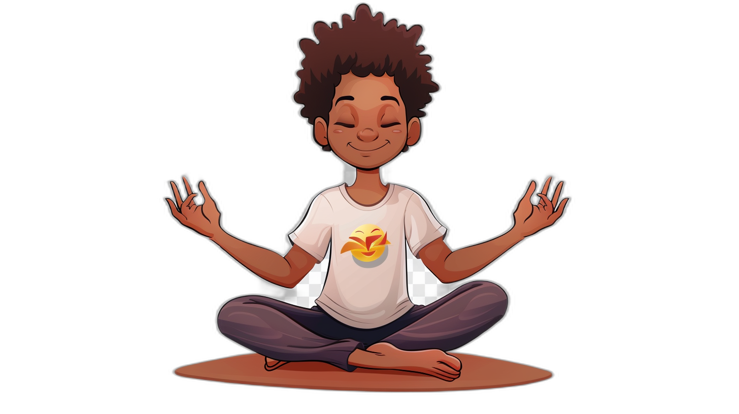 cartoon illustration of an African American boy sitting cross-legged, with his hands in his palms and eyes closed. He is smiling gently as he meditates on a black background. The young man wears a white t-shirt featuring a yellow heart emoji symbol on it. In front of him there is a yoga mat. In the style of minimalistic vector art for game graphics.