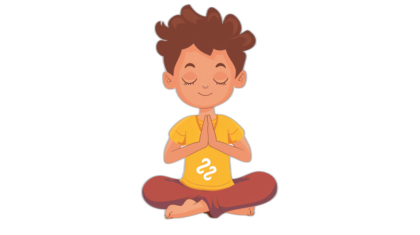 A cartoon-style boy doing yoga, sitting cross-legged with hands in a prayer position and eyes closed. He is wearing a yellow t-shirt with a white number “2” on it. Black background. The style should be a simple vector illustration suitable for an animated film or television series. Use bright colors to highlight the character’s cheerful demeanor. Ensure that he has short brown hair. Make sure his posture suggests tranquility and focus in the style of a meditation pose.