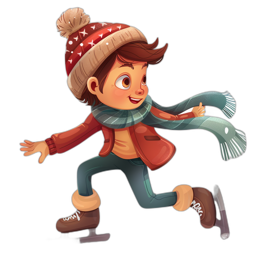 A cartoon boy ice skating, wearing winter  and gloves, with short brown hair, a red hat and scarf on his head. The illustration is in the style of Pixar Disney character design using bright colors. It has smooth textures and creates an adorable and cute atmosphere. In a full body portrait view.